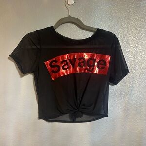 Women’s black red mesh see through front tie graphic shirt crop top size small